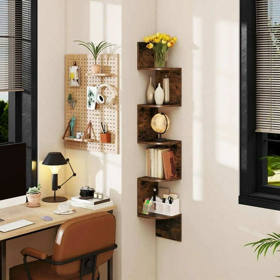 Auranook Corner Shelf Wall Mounted, 5-Tier Floating Bookshelf with Safe Round Edge, Space-Saving Display Shelf