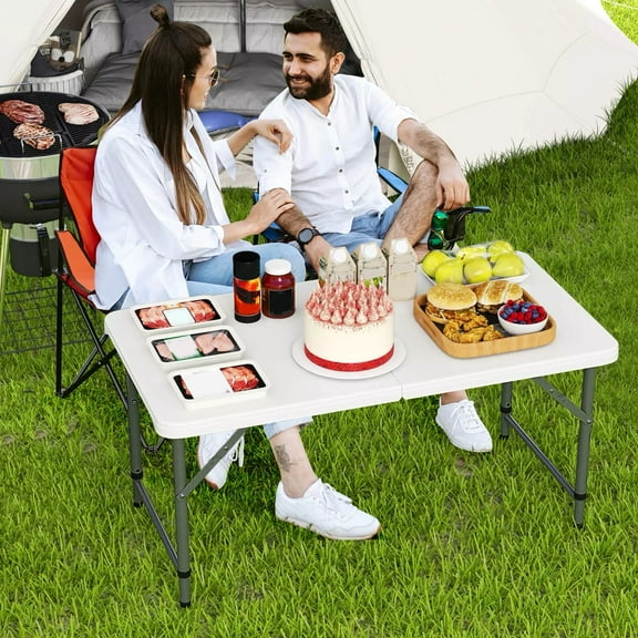 Auranook Folding Table, HDPE Portable Table with 3-Level Adjustable Heights, Spacious Tabletop, Metal Frame Picnic Camping Table with Safe Lock