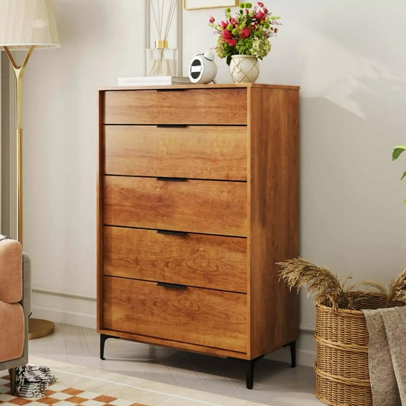 Auranook Freestanding 5-drawer Dresser, Mid-century Modern Chest of Drawers w / Sturdy Metal Legs, Cherry