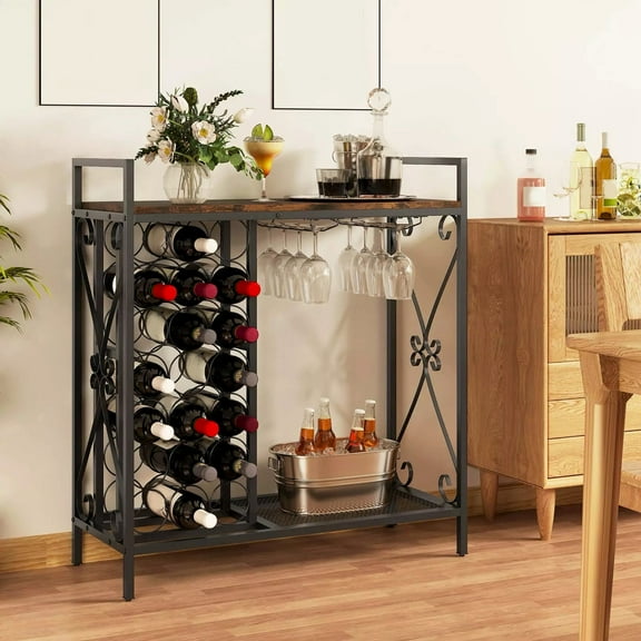 Auranook Freestanding Floor Wine Rack, Wooden Coffee Bar Table w/Wine Storage, Glass Holders, Sturdy Metal Frame