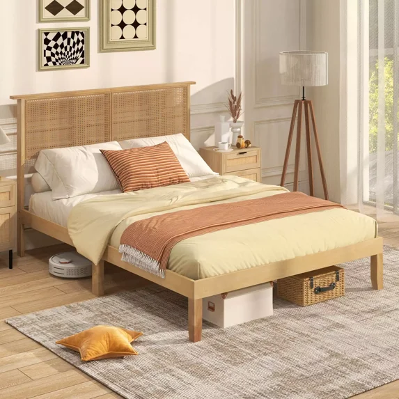Auranook Full Rattan Bed Frame, Cane Bed Mattress Foundation w / Rattan Headboard, Under-bed Storage, Rubber Wood Legs, Boho Wooden Platform Bed