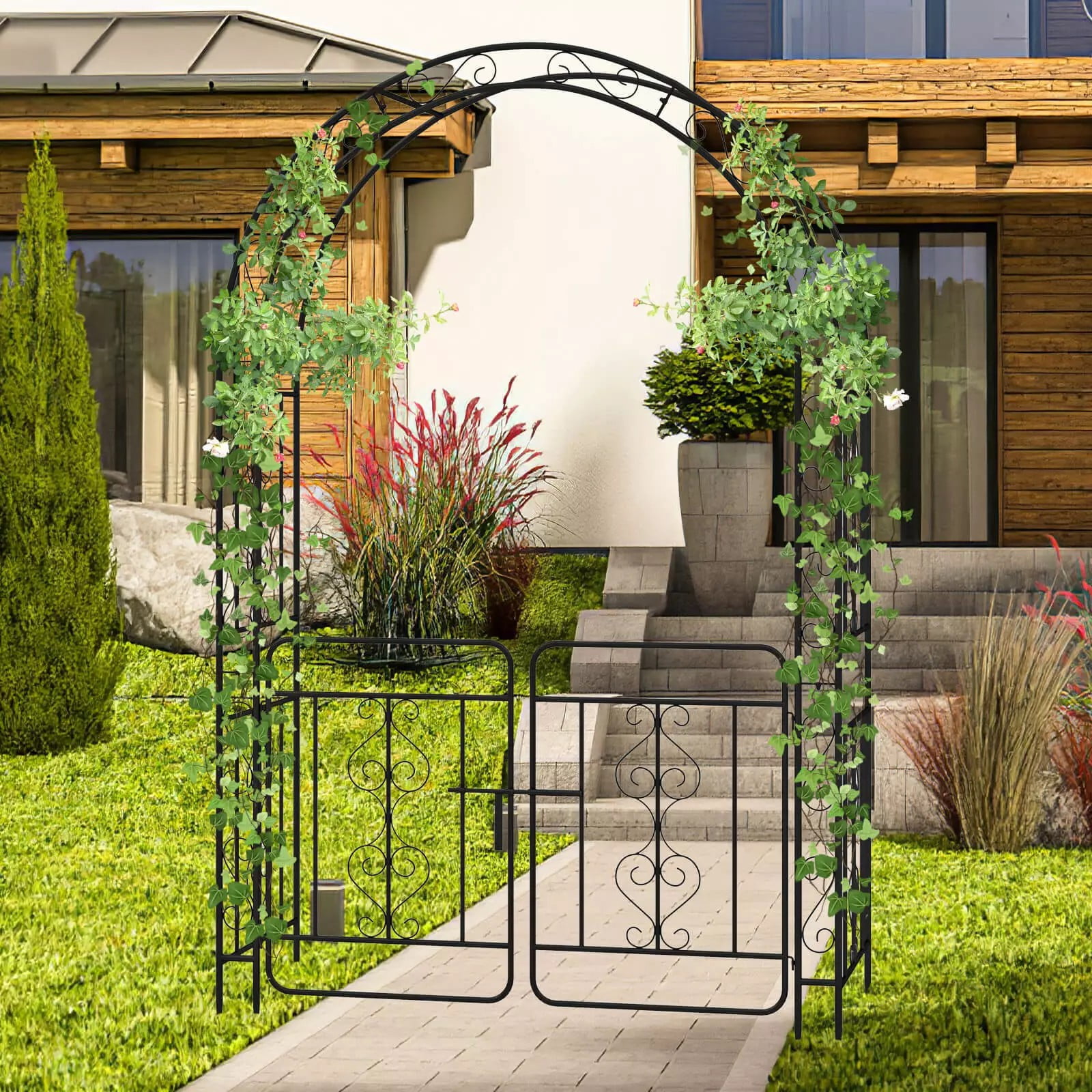 Auranook Heavy-duty Metal Garden Arbor, 84" No Dig Arch Trellis with Lockable Gate for Climbing Plants, Roses, Vines, Decorative Outdoor Archway