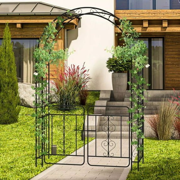 Auranook Heavy-duty Metal Garden Arbor, 84" No Dig Arch Trellis with Lockable Gate for Climbing Plants, Roses, Vines, Decorative Outdoor Archway