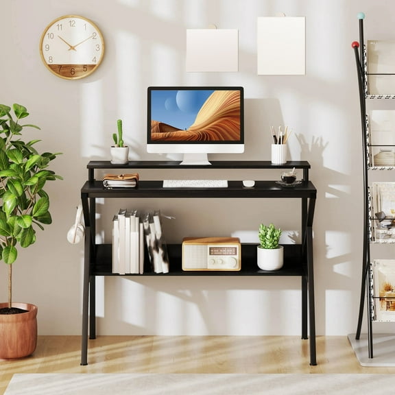 Auranook Home Office Desk, Space Saving Computer Desk with Monitor Stand, Open Shelf & Metal Frame