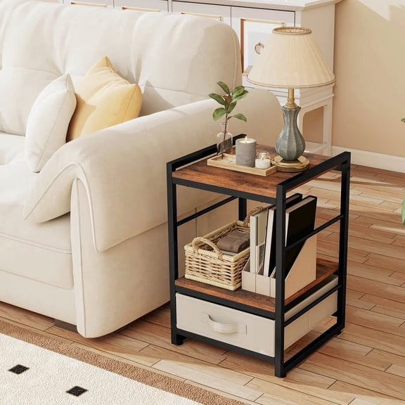 Auranook Industrial Nightstand with Open Storage Shelves and Fabric Drawers, Sofa Side Table Coffee Table