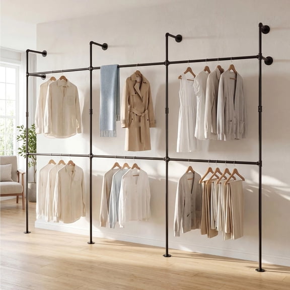 Auranook Industrial Pipe Clothing Rack, Wall Mounted Heavy-Duty Metal Garment Organizer