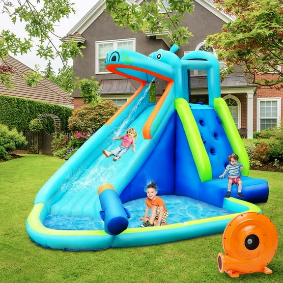 Auranook Inflatable Kids Hippo Bounce House Slide Climbing Splash Pool Summer 740W Blower