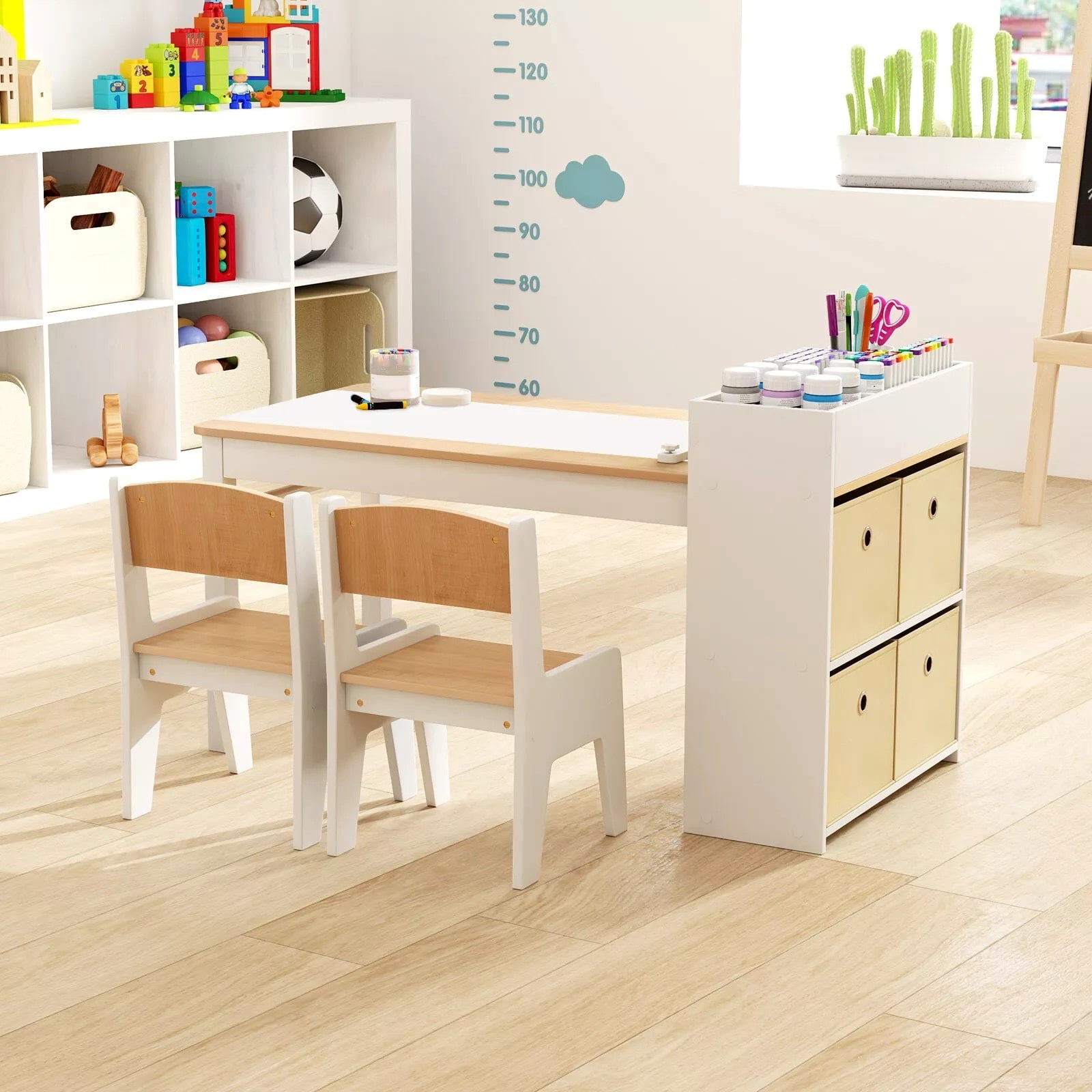 Auranook Kids Art Table and Chairs Set, Drawing Table with 2 Chairs, Storage Compartments & Open Shelves, 4 Fabric Bins