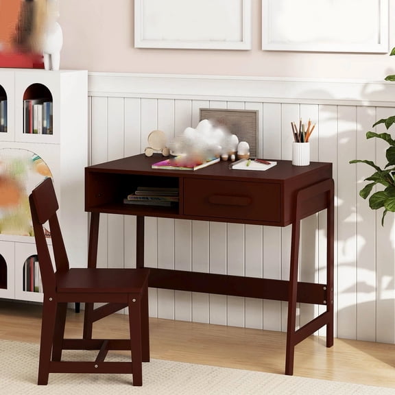 Auranook Kids Desk and Chair Set, Wooden Children Study Table Set with Storage Drawer, Student Writing Desk Set for Bedroom and Study Room
