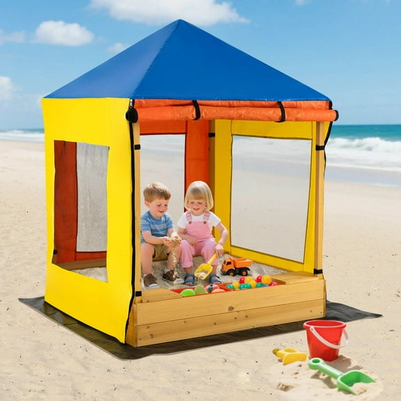 Auranook Kids Wooden Sandbox w/ Canopy Sand Pit w/ Windows & Curtains Bench & Storage