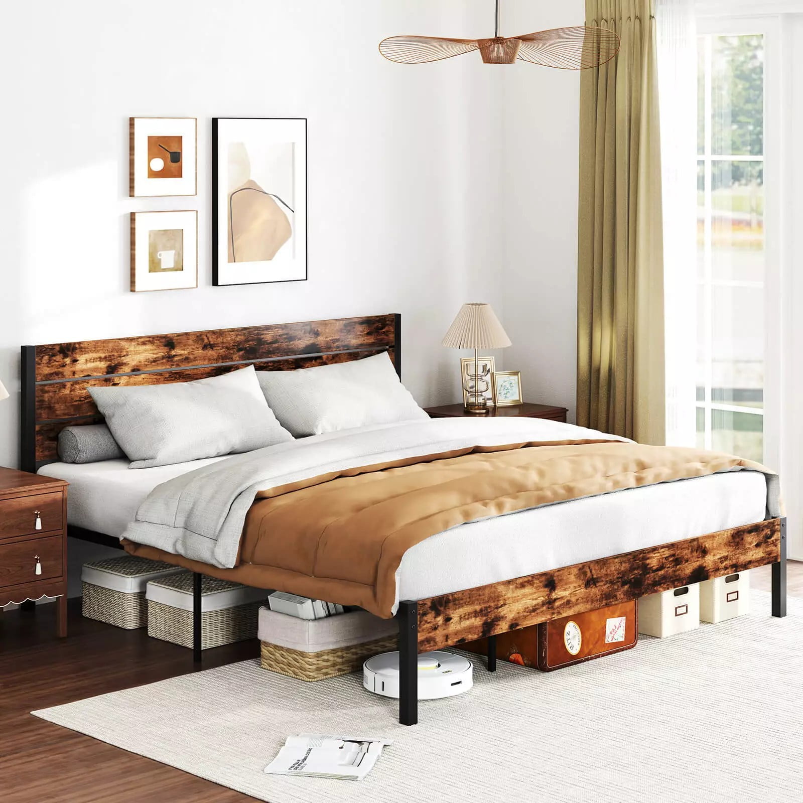 Image showcasing Auranook King Bed Frame with Tall Industrial Headboard Heavy-Duty Metal ...