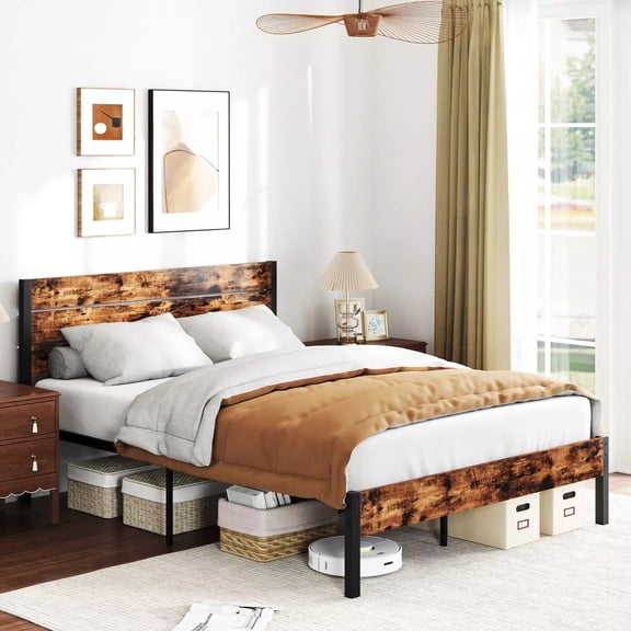 Auranook Queen Bed Frame with Tall Industrial Headboard Heavy-Duty Metal Slats Support