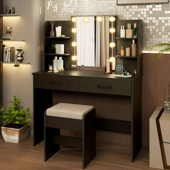 Auranook Makeup Vanity Desk w/Lighted Mirror Charging Station 3-Color Dimmable LED Lights