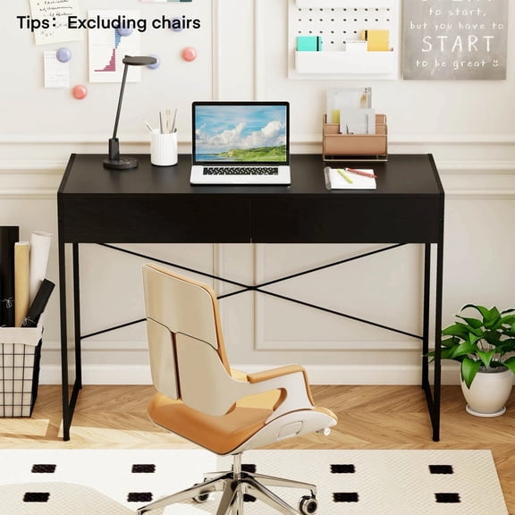 Auranook Modern 2-Drawer Computer Desk w/Metal Frame & Anti-Toppling Device, Modern Writing Desk Study Desk