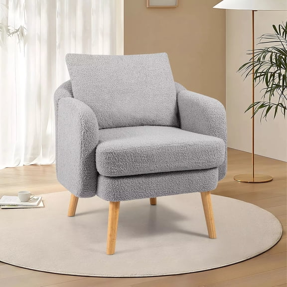 Auranook Modern Accent Chair, Sherpa Upholstered Boucle Single Sofa Chair with Curved Back, Lumbar Pillow and Wood Legs, Oversized Armchair