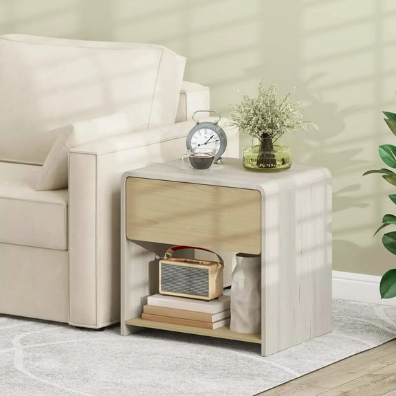 Auranook Modern Style Nightstand 2-Tier Sofa Side Bedside Table w/ Drawer & Open Shelf