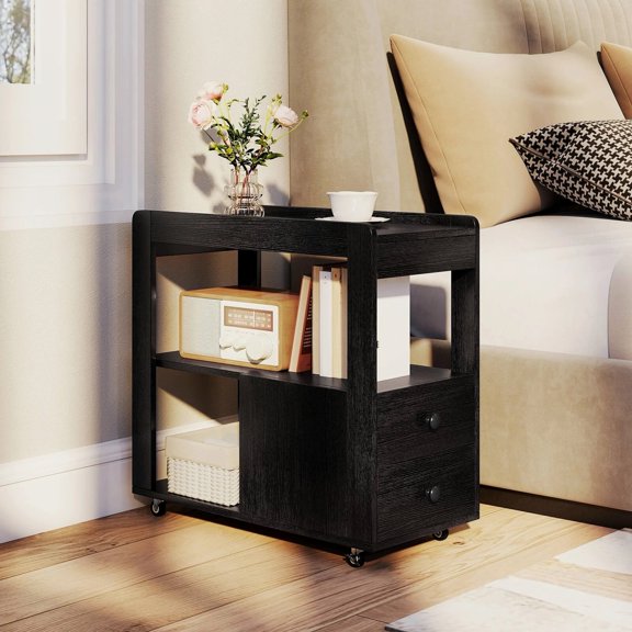 Auranook Narrow End Table Modern 2-Drawer Sofa Side Table with Open Shelves Nightstand