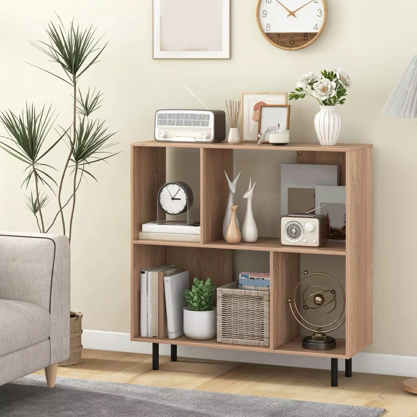 Auranook Open Shelf Bookcase Mid Century Modern Cube Bookshelf with 4 Compartments