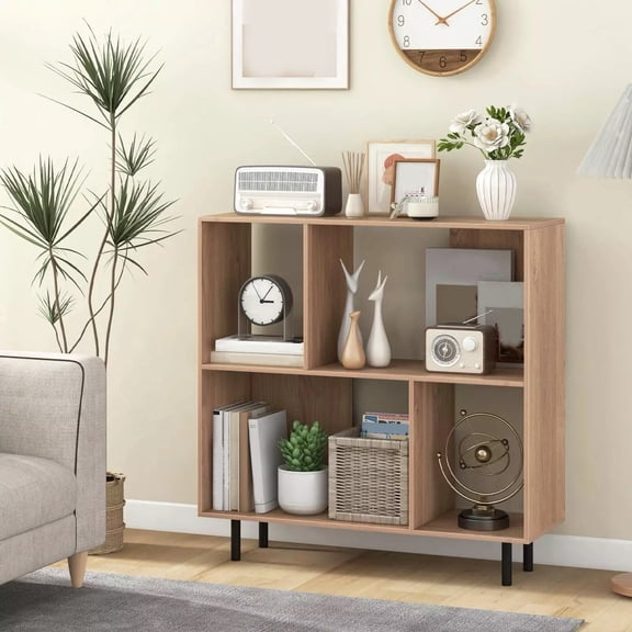 Auranook Open Shelf Bookcase Mid Century Modern Cube Bookshelf with 4 Compartments