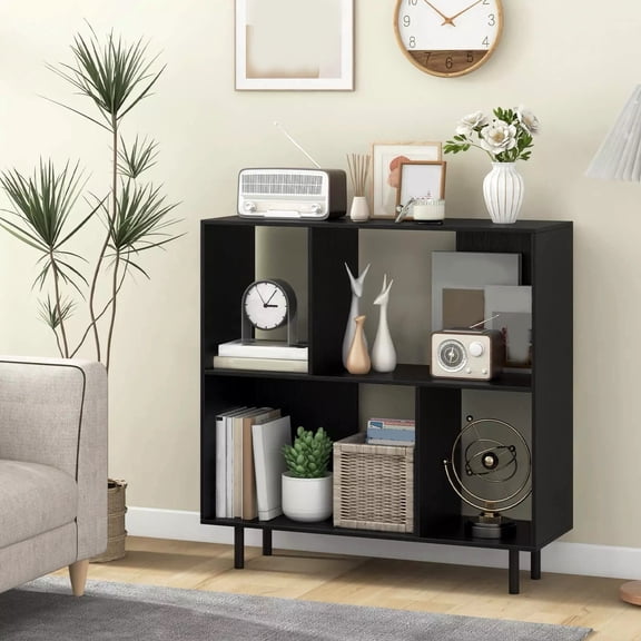 Auranook Open Shelf Bookcase Mid Century Modern Cube Bookshelf with 4 Compartments