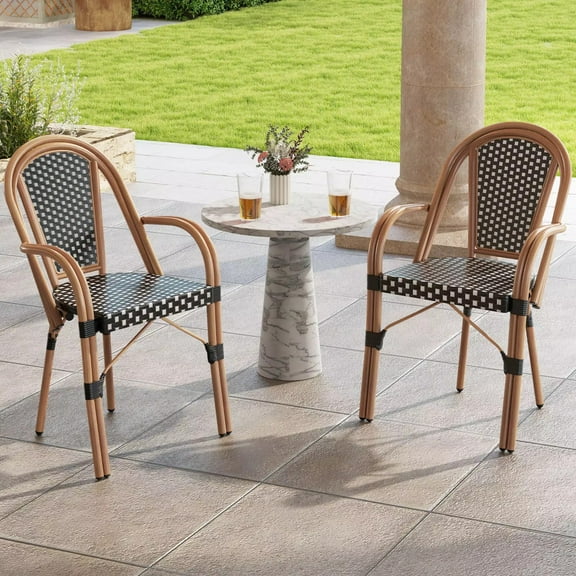 Auranook Outdoor Bistro Chairs Set of 2, Hand-Woven PE Wicker Patio Chairs with Armrests, Outdoor Dining Armchairs with Galvanized Metal Frame