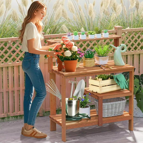 Auranook Outdoor Potting Bench Table, Solid Wood Potting Table with Open Shelves, Teak Oil Finish, Gardening Workstation & Planting Work Table