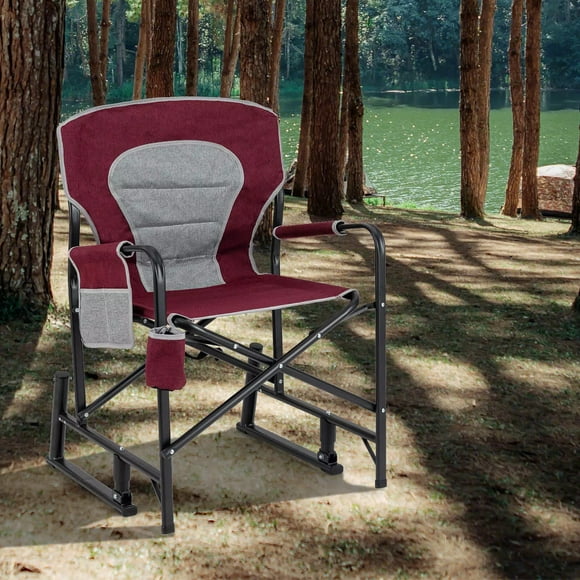 Auranook Outdoor Rocker Camping Chair for Adults, Portable Foldable Rocking Chair w/ Dual Springs, Padded Back, Armrests, Cup Holder, Storage Pocket