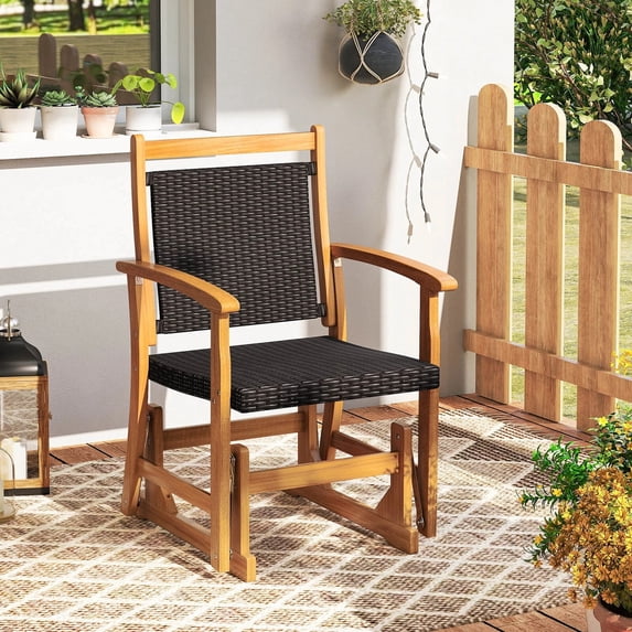 Auranook Patio Rattan Glider Chair w/Acacia Wood Frame & Wicker Seat Back Curved Armrests