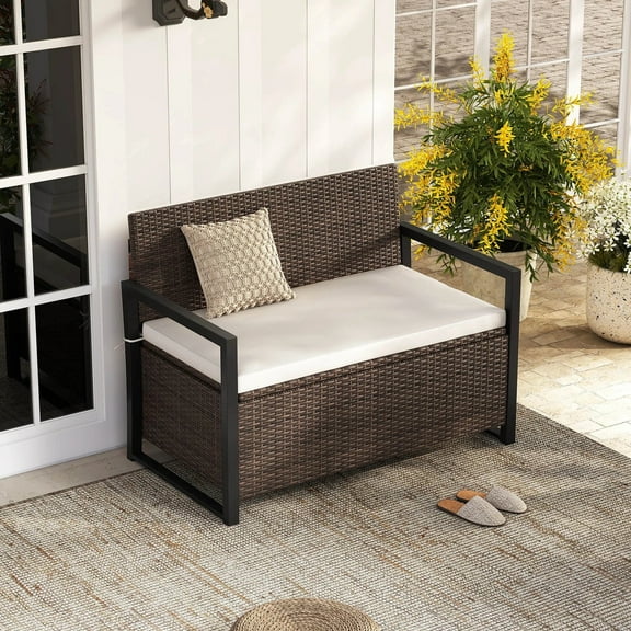 Auranook Patio Storage Bench, Outdoor Wicker Loveseat w/ Built-in Storage & Long Seat Cushion, Metal Frame Deck Storage Box