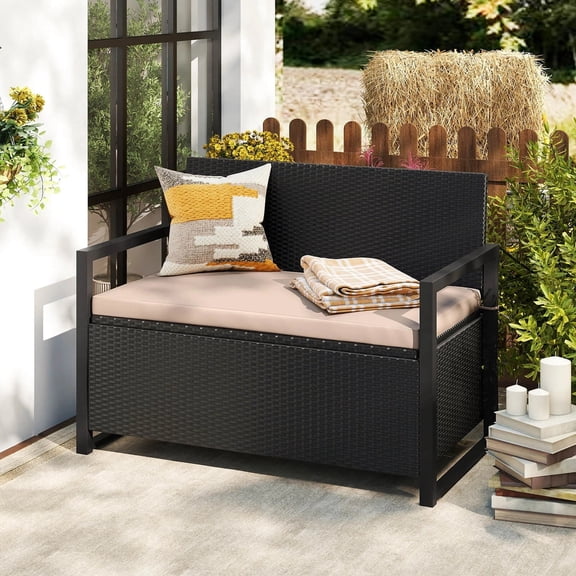 Auranook Patio Storage Bench Wicker Loveseat w/ Built-in Storage & Long Seat Cushion