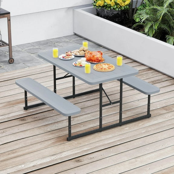 Auranook Picnic Table Bench Set for 2-4 People Outdoor Rectangular Camping Dining Table, HDPE Tabletop, Metal Frame