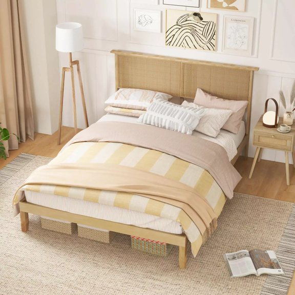 Auranook Queen Rattan Bed Frame, Cane Bed Mattress Foundation w / Rattan Headboard, Under-bed Storage, Rubber Wood Legs, Boho Wooden Platform Bed