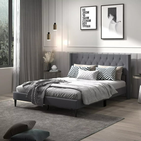 Auranook Queen Size Upholstered Platform Bed, Mattress Foundation w/ Button Tufted Wingback Headboard &Under-bed Storage, Easy Assembly