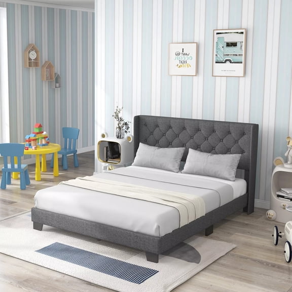 Auranook Queen Size Upholstered Platform Bed, Modern Bed Frame with Button Tufted Headboard, Solid Wooden Slats Support Mattress Foundation