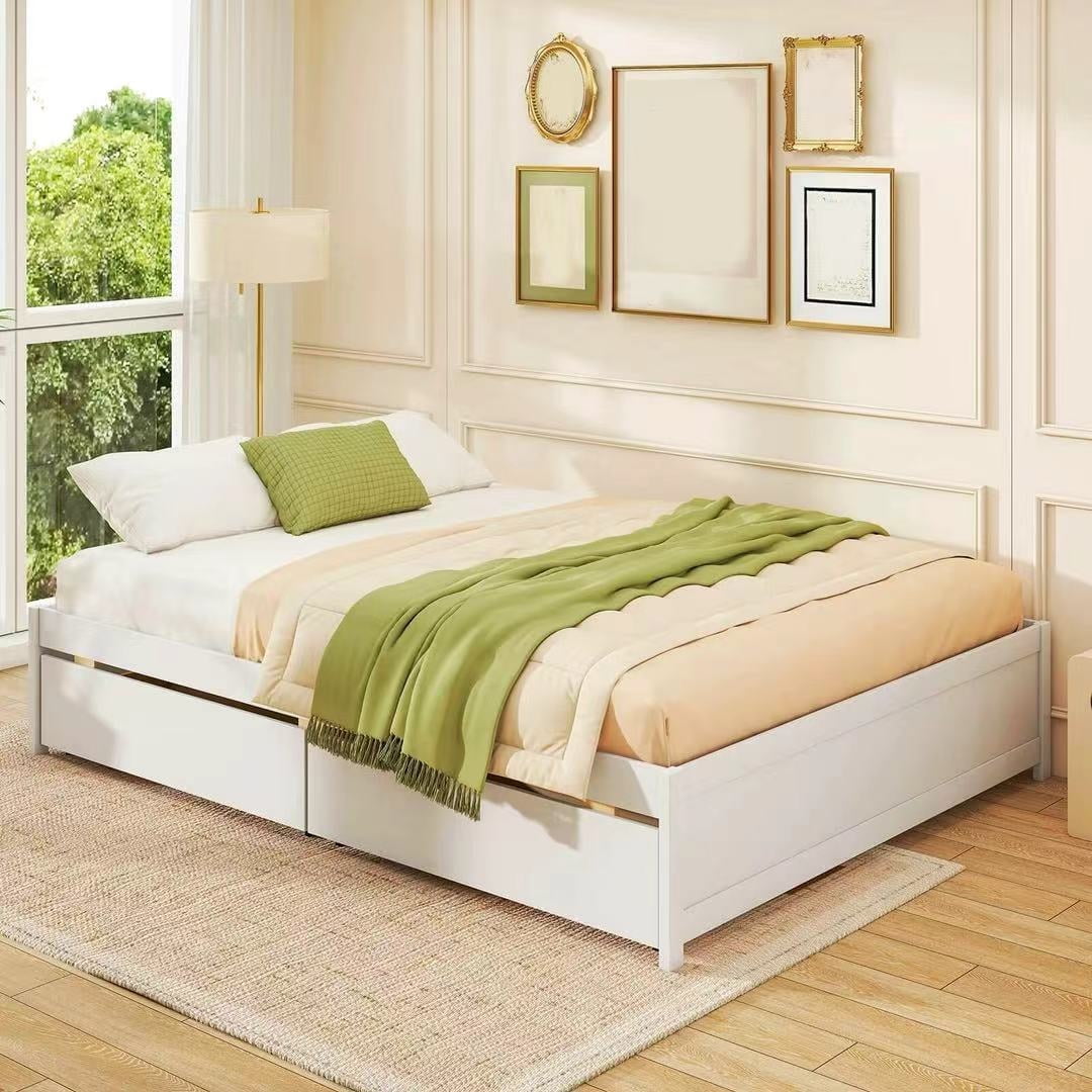 Auranook Queen Size Wooden Bed Frame w/2 Rolling Storage Drawers Wood Slat Support