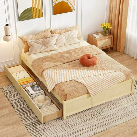 Auranook Queen Size Wooden Bed Frame w/2 Rolling Storage Drawers Wood Slat Support