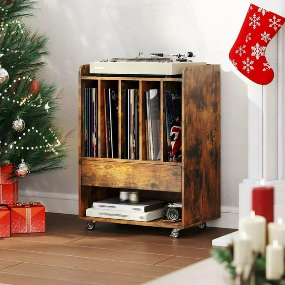 Auranook Record Player Stand w/ Drawer & Record Holder,Lockable Wheels for Living Room