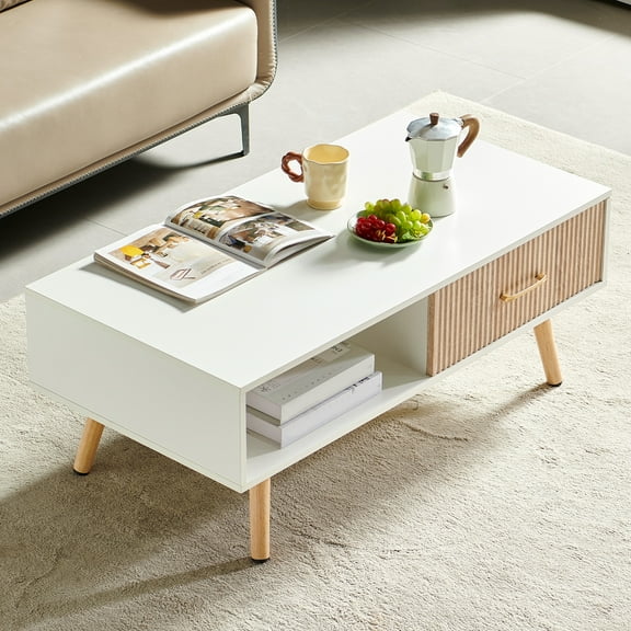 Auranook Rectangle Coffee Table with Solid Wood Legs, Drawer for Storage, Modern Table for Living Room , White