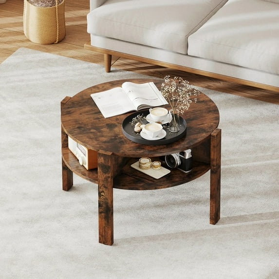 Auranook Round Coffee Table, 29.5" Center Table with Storage Shelves, 2-Tier Cocktail Table for Small Space, Circle Sofa Table for Living Room