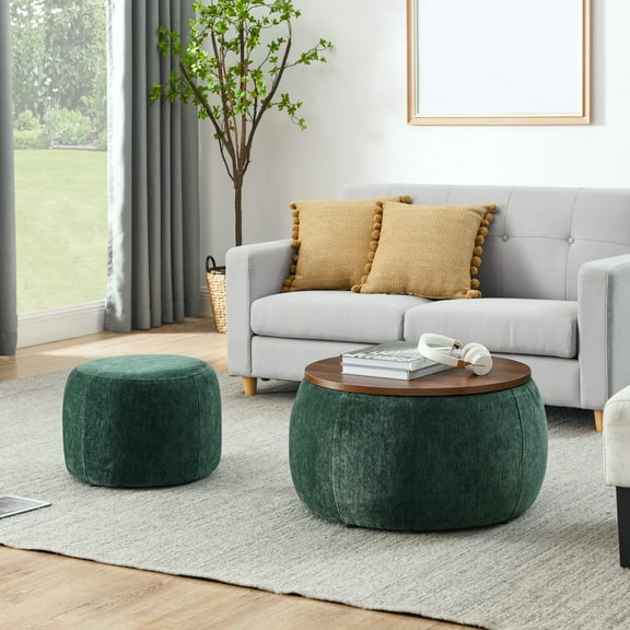Auranook Round Storage Ottoman, 2 in 1 Function, Work as End table and Ottoman,with small seat,Green