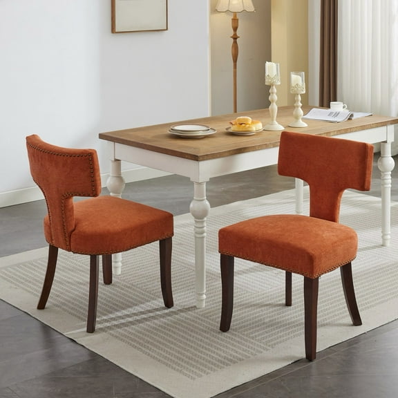 Auranook Set of 2 Mid - Century Modern Orange Linen Dining Chairs - Curved Back, Copper Nail Trim, Rubberwood Frame
