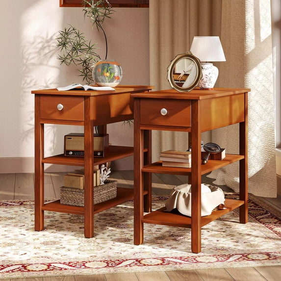 Narrow Key Table Auranook Set of 2 Narrow End Tables w/Drawer Shelves & Rubber Wood Legs ...