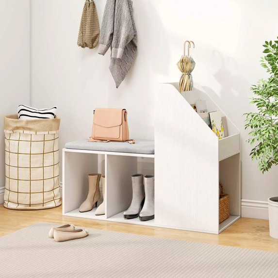 Auranook Shoe Storage Bench with Removable Seat Cushion, Entryway Bench with 3 Bottom Cubbies and 3 Side Storage Compartments, Shoe Rack Bench with Storage
