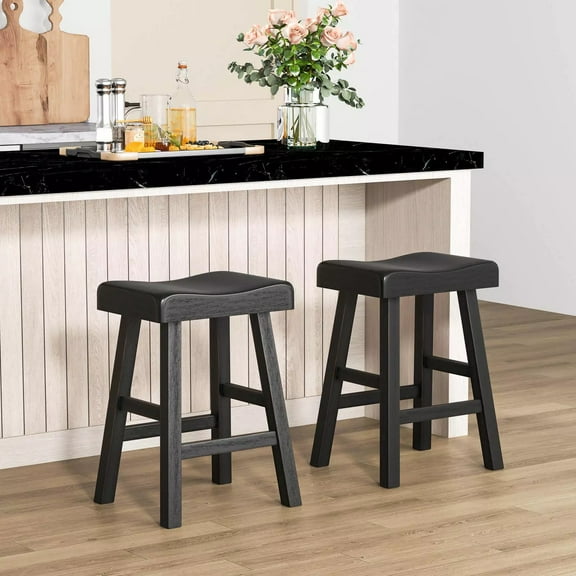 Auranook Solid Wood Saddle Stools Set of 2, Kitchen Counter-Height Stools w/Curved Seats, Footrests, 24-Inch Modern Backless Bar Stools