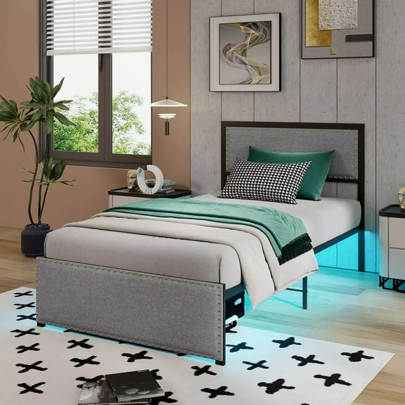 Auranook Twin Size Bed Frame with Storage Drawer, Metal Platform Bed with LED Lights, Modern LED Bed Frame with Slats Support, APP/Remote Control