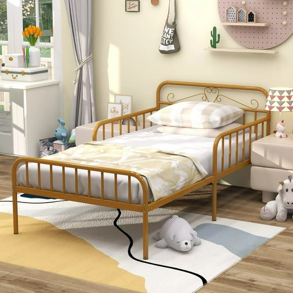 Auranook Twin Size Metal Bed Frame with Safety Guardrails, Headboard & Footboard, Modern Platform Bed with Sturdy Slats, 6 Support Legs, Under Bed Storage