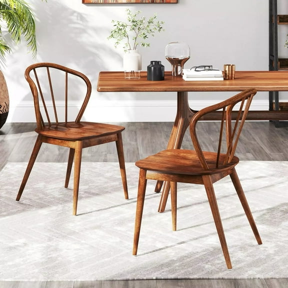 Auranook Wooden Dining Chair Set of 2, Windsor Kitchen Chairs w/ High Spindle Back, Rubber Wood Legs, Wide Seat, Curved Backrest, Farmhouse Side Chairs