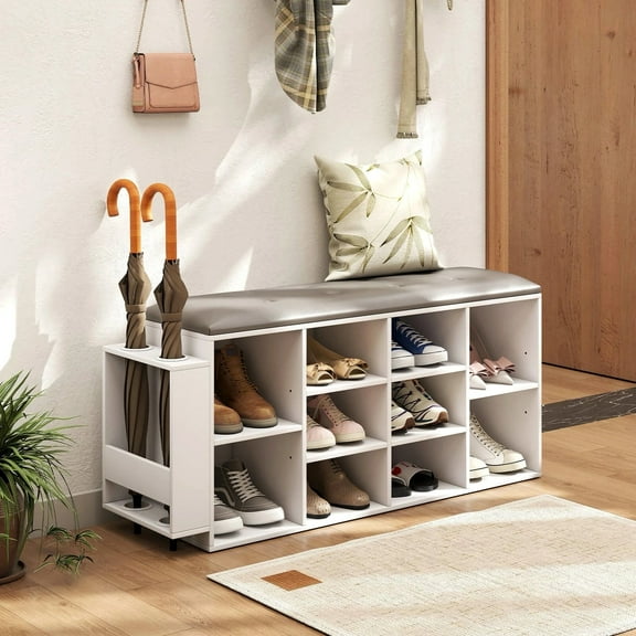 Auranook Wooden Shoe Bench 10-Cube Storage Organizer w/ Padded Cushion & Umbrella Holder