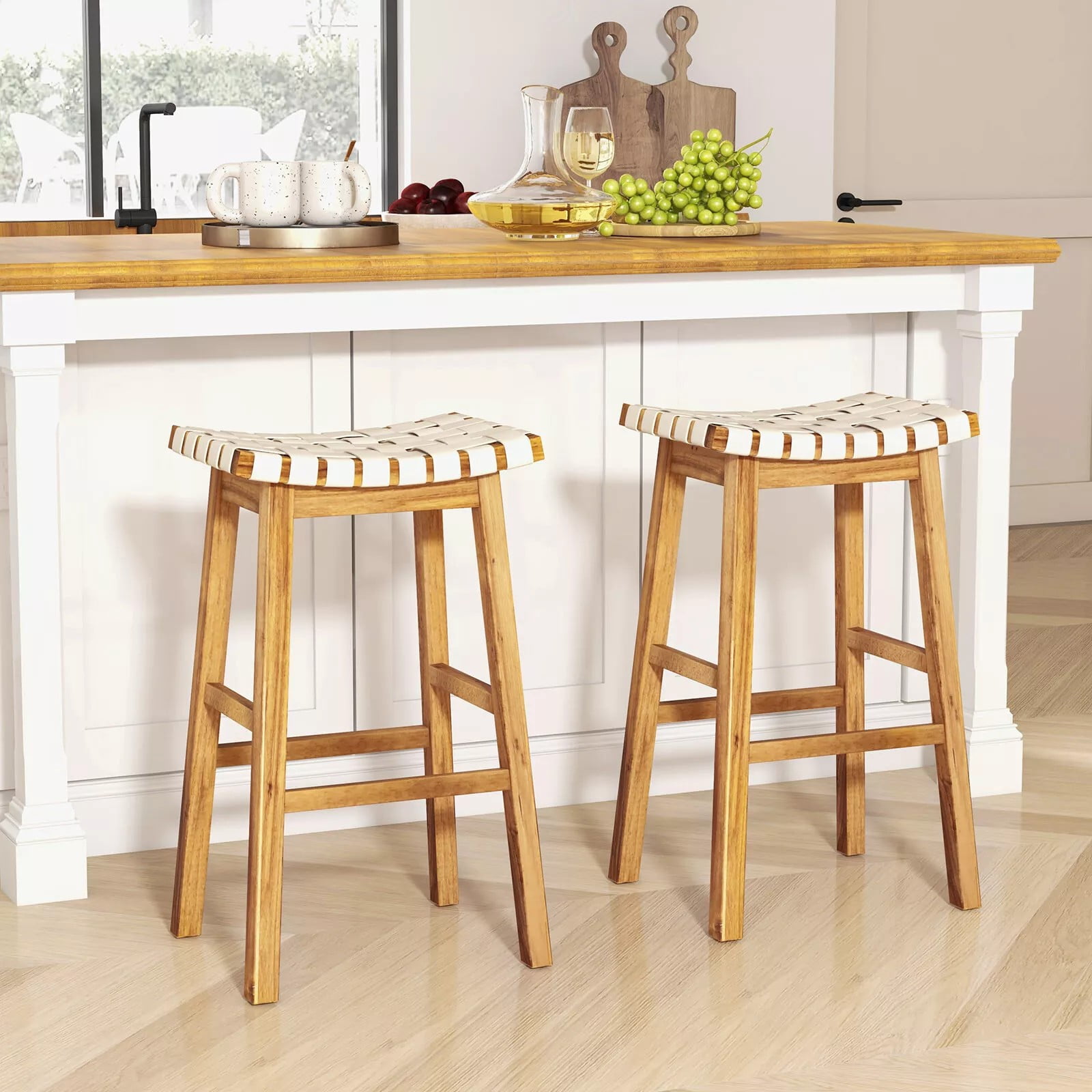 Auranook Woven Saddle Stools Set of 2 31" Faux PU Leather Bar Height Kitchen Stool