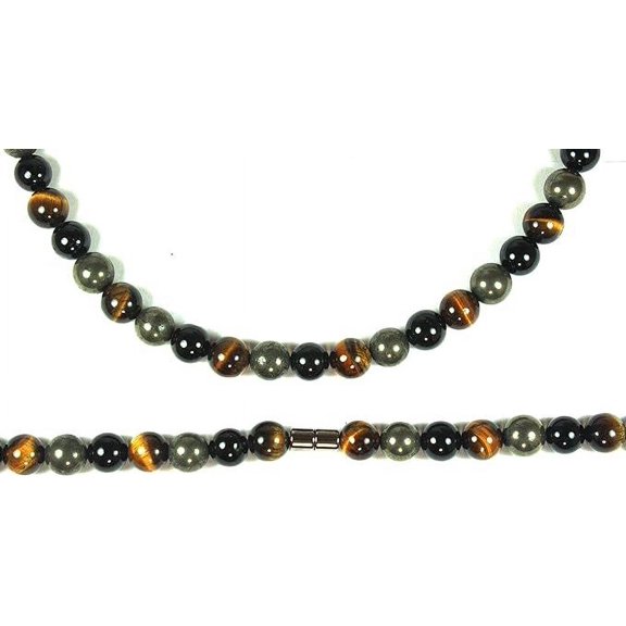 Auras by Osiris | Handmade Tiger Eye, Pyrite, and Tourmaline Triple Protection Crystal Necklace - Grounding Genuine Gemstone Beaded Mala Shielding Jewelry Gift for Mens
